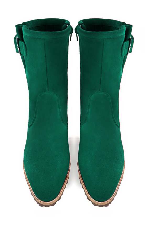 Emerald green women's ankle boots with buckles on the sides. Round toe. Medium block heels. Top view - Florence KOOIJMAN